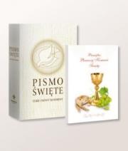 Okładka książki Pismo Święte ST i NT duże białe + Pam. I Kom. Św.