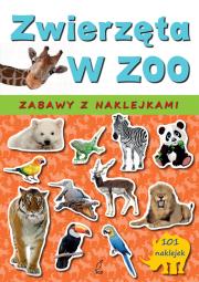 Zabawy z naklejkami. Zwierzęta w zoo. Autor: Katarzyna Sarna (red.). Dadada.pl Okładka książki Zabawy z naklejkami. Zwierzęta w zoo