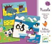 Drewniane puzzle sześcioelementowe 3 obrazki. Wydawca: Djeco. Dadada.pl Opakowanie Drewniane puzzle sześcioelementowe 3 obrazki
