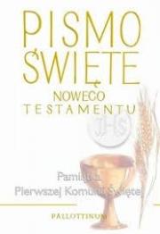Okładka książki Pismo Święte Nowego Testamentu z wklejką i obwolutą na I Komunię św. (OT)