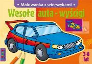 Wesołe auta - wyścigi malowanka z naklejkami. Autor: Karpińska Agata. Dadada.pl Okładka książki Wesołe auta - wyścigi malowanka z naklejkami