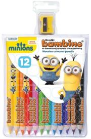 Opakowanie Kredki Bambino w drewnianej oprawie z nadrukiem 12 kol. Minionki + temperówka