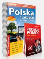 Polska. Atlas samochodowy 1:250 000 + pierwsza pomoc (2016/2. Autor: praca zbiorowa. Dadada.pl Okładka książki Polska. Atlas samochodowy 1:250 000 + pierwsza pomoc (2016/2