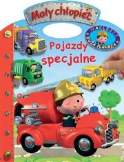 Okładka książki Pojazdy specjalne. Naklejki – Duża plansza. Mały chłopiec