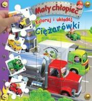 Koloruj i układaj Ciężarówki. Mały chłopiec. Autor: Nathalie Belineau, Alexis Nesme. Dadada.pl Okładka książki Koloruj i układaj Ciężarówki. Mały chłopiec