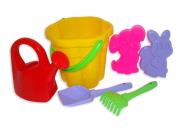 Opakowanie Zestaw Nr95: wiaderko-kwiatek duże, łopatka Nr5, grabki Nr5, foremki (wiewiórka + piesek), konewka