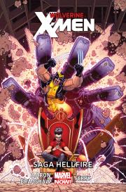 Wolverine and the X-Men: Saga Hellfire Tom 3. Autor: Scenariusz: Jason Aaron; Rysunki: Nick Bradshaw, Pasqual Ferry. Dadada.pl Okładka książki Wolverine and the X-Men: Saga Hellfire Tom 3
