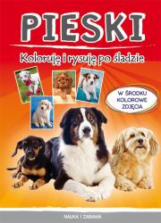 Pieski Koloruję i rysuję po śladzie. Autor: MONIKA MYŚLAK. Dadada.pl Okładka książki Pieski Koloruję i rysuję po śladzie