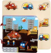 Książeczka drewniana z pinezkami Maszyny budowlane. Wydawca: Playme. Dadada.pl Opakowanie Książeczka drewniana z pinezkami Maszyny budowlane