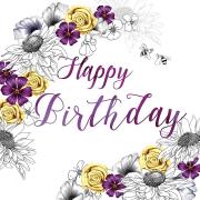 Opakowanie Karnet Swarovski kwadrat Urodziny kwiaty fioletowe i żółte