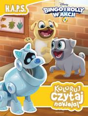 Bingo i Rolly w akcji. H.A.P.S. Koloruj, czytaj, naklejaj. Autor: Bob Smiley, Michael Olson. Dadada.pl Okładka książki Bingo i Rolly w akcji. H.A.P.S. Koloruj, czytaj, naklejaj