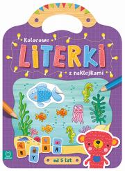 Kolorowe literki z naklejkami od 5 lat. Autor: Joanna Myjak (ilustr.). Dadada.pl Okładka książki Kolorowe literki z naklejkami od 5 lat