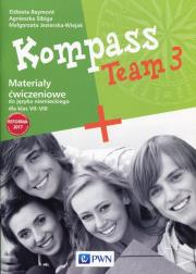 Kompass Team 3 Materialy ćwiczeniowe do języka niemieckiego dla klas VII-VIII. Autor: Reymont Elżbieta, Sibiga Agnieszka, Jezierska-Wiejak Małgorzata. Dadada.pl Okładka książki Kompass Team 3 Materialy ćwiczeniowe do języka niemieckiego dla klas VII-VIII