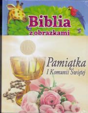 Okładka książki Pamiątka I Komunii Św - Biblia z obrazkami róż.