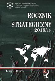 Okładka książki ROCZNIK STRATEGICZNY 2018/19 PRZEGLĄD SYTUACJI POLITYCZNEJ GOSPODARCZEJ I WOJSKOWEJ W ŚRODOWISKU MIĘDZYNARODOWYM POLSKI