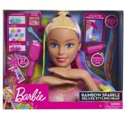 Barbie Deluxe głowa do stylizacji tęczowe włosy. Wydawca: Just Play. Dadada.pl Opakowanie Barbie Deluxe głowa do stylizacji tęczowe włosy