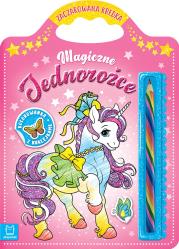 Magiczne jednorożce. Kolorowanka z naklejkami. Zaczarowana kredka. Autor: Sylwia Kajdana. Dadada.pl Okładka książki Magiczne jednorożce. Kolorowanka z naklejkami. Zaczarowana kredka