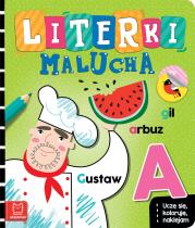 Literki malucha Uczę się koloruję naklejam. Autor: Bator Agnieszka. Dadada.pl Okładka książki Literki malucha Uczę się koloruję naklejam
