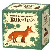 Rok w lesie. Puzzle progresywne. Autor: Emilia Dziubak Martin Widmark. Dadada.pl Okładka książki Rok w lesie. Puzzle progresywne