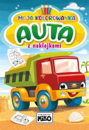 Auta. Moja kolorowanka z naklejkami. Autor: Artur Rajch. Dadada.pl Okładka książki Auta. Moja kolorowanka z naklejkami