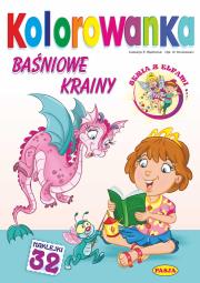 Baśniowe krainy. Kolorowanka. Autor: Kruszewski Włodzimierz, Ernest Błędowski. Dadada.pl Okładka książki Baśniowe krainy. Kolorowanka