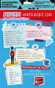 Dwustronna plansza/ściąga A4 J. angielski przyimki. Wydawca: Henry. Dadada.pl Opakowanie Dwustronna plansza/ściąga A4 J. angielski przyimki