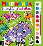 Malowanka z farbkami i pędzelkiem. Dinozaury. Autor: Podgórska Anna. Dadada.pl Okładka książki Malowanka z farbkami i pędzelkiem. Dinozaury