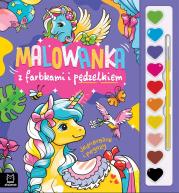 Malowanka z farbkami i pędzelkiem. Jednorożce i pegazy. Autor: Podgórska Anna. Dadada.pl Okładka książki Malowanka z farbkami i pędzelkiem. Jednorożce i pegazy
