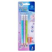 Ołówki grafitowe trójkątne HB Jumbo Astrakids Unicorn 3 szt. z  temperówką. Wydawca: ASTRA art-pap. Dadada.pl Opakowanie Ołówki grafitowe trójkątne HB Jumbo Astrakids Unicorn 3 szt. z  temperówką