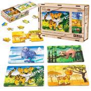 Puzzle drewniane 4w1 dzikie zwierzęta. Wydawca: PuzzleOK. Dadada.pl Opakowanie Puzzle drewniane 4w1 dzikie zwierzęta