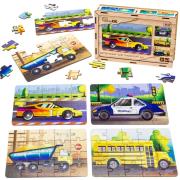Puzzle drewniane 4w1 pojazdy. Wydawca: PuzzleOK. Dadada.pl Opakowanie Puzzle drewniane 4w1 pojazdy