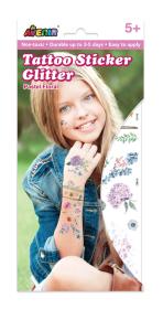 Tatuaże- brokatowe pastelowe kwiaty. Wydawca: Russell. Dadada.pl Opakowanie Tatuaże- brokatowe pastelowe kwiaty