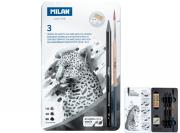 Opakowanie Zestaw 3 ołówków bezdrzewnych + temperówka + gumka + pędzel w metalowym opakowaniu