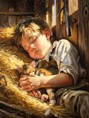 Opakowanie Diamentowa Mozaika Chłopiec śpiący na sianie z kotkiem NO-2003010