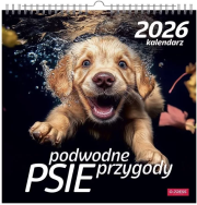 Kalendarz 2026 wieloplanszowy kwadrat Psy pod wodą. Wydawca: O-press. Dadada.pl Opakowanie Kalendarz 2026 wieloplanszowy kwadrat Psy pod wodą