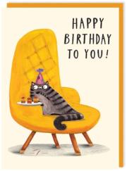 Opakowanie Karnet 309 Urodziny Kot z przekąskami na fotelu