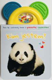 Okładka książki Kim jestem? błękitna. Książeczka z gryzaczkiem i grzechotką