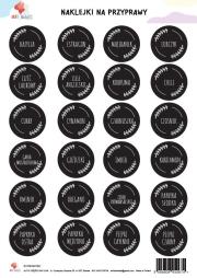 Naklejki na przyprawy czarne A4. Wydawca: All4Kids. Dadada.pl Opakowanie Naklejki na przyprawy czarne A4