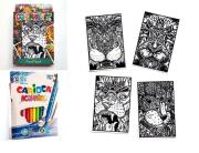 Opakowanie Zestaw 4 Kolorowanek Welwetowych + 12 Flamastrów Carioca - Dzikie Koty