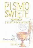 Okładka książki Pismo Święte Nowego Testamentu z wklejką i obwolutą na I Komunię św. (OT)